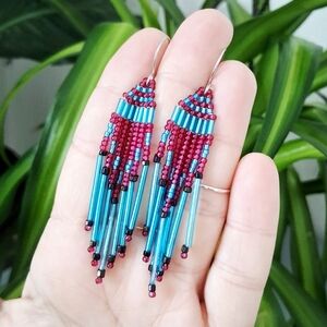 Beaded Fringe Dangle Earrings - Blue and Plum 3"